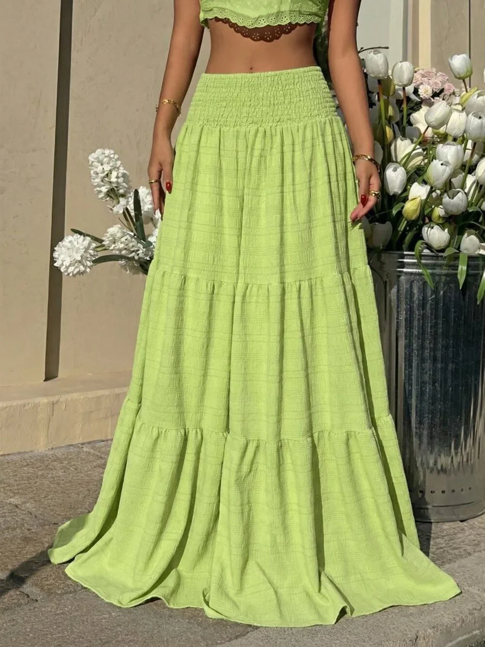 Green Casual Women's Textured Fabric High Waist Tiered Hem Skirt